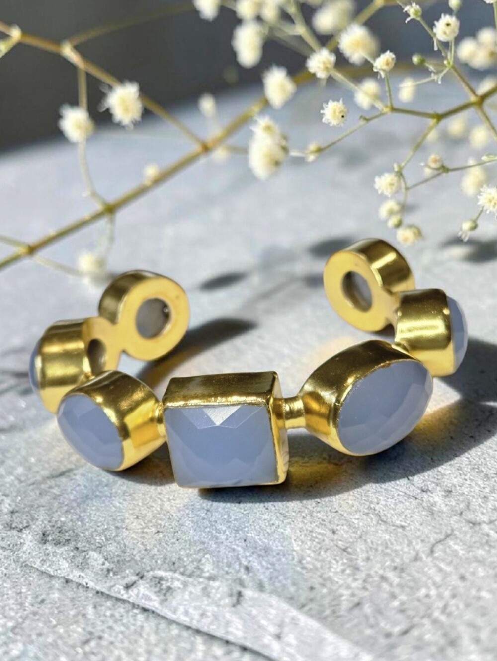 Chunky 24k Gold Plated Artisan Exquisite Cushion Cut Chalcedony Cuff Bracelet